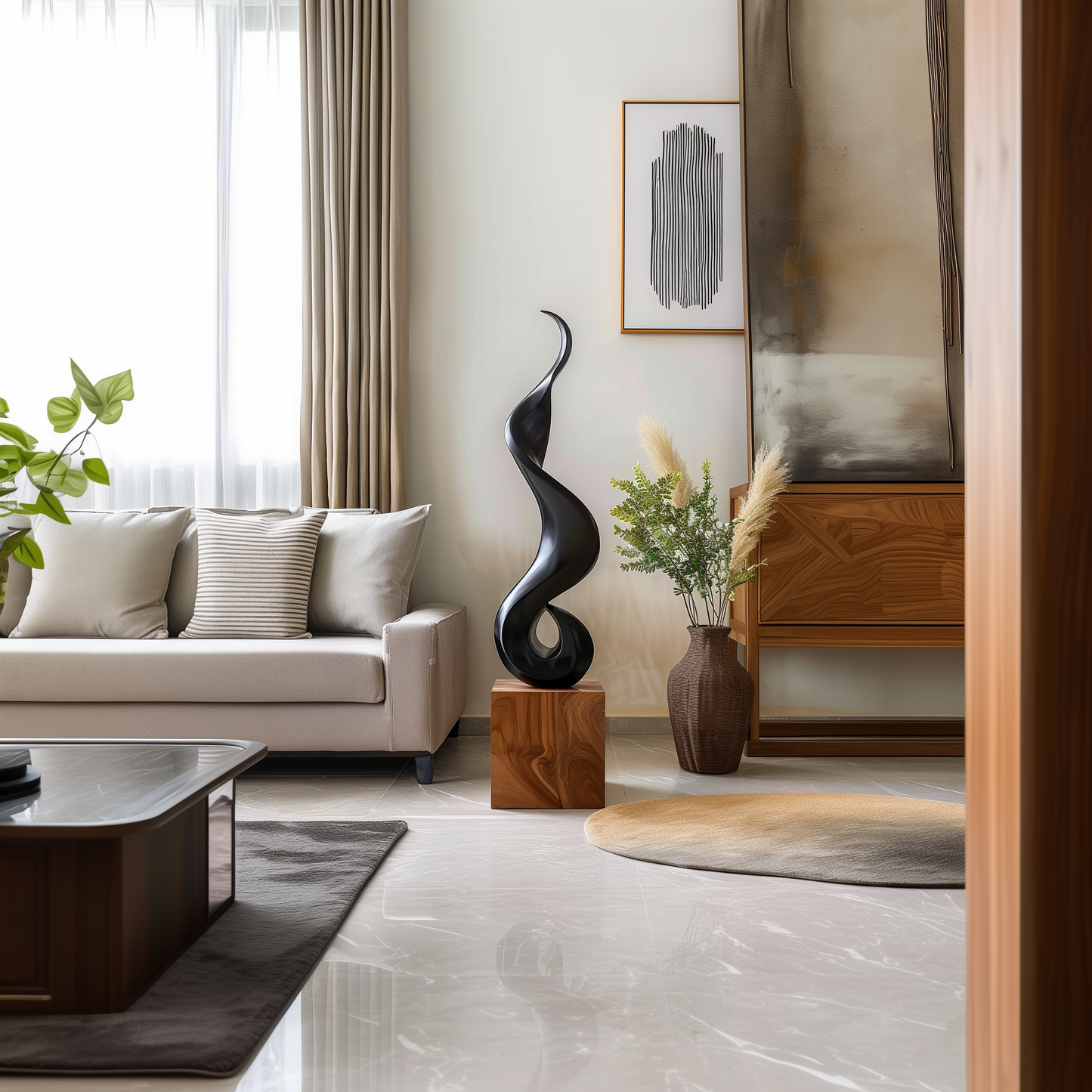 Tall Black Flame Spiral Wooden Sculpture Hand Carved Solid Wood Abstract Twist Modern Luxury Home Decor