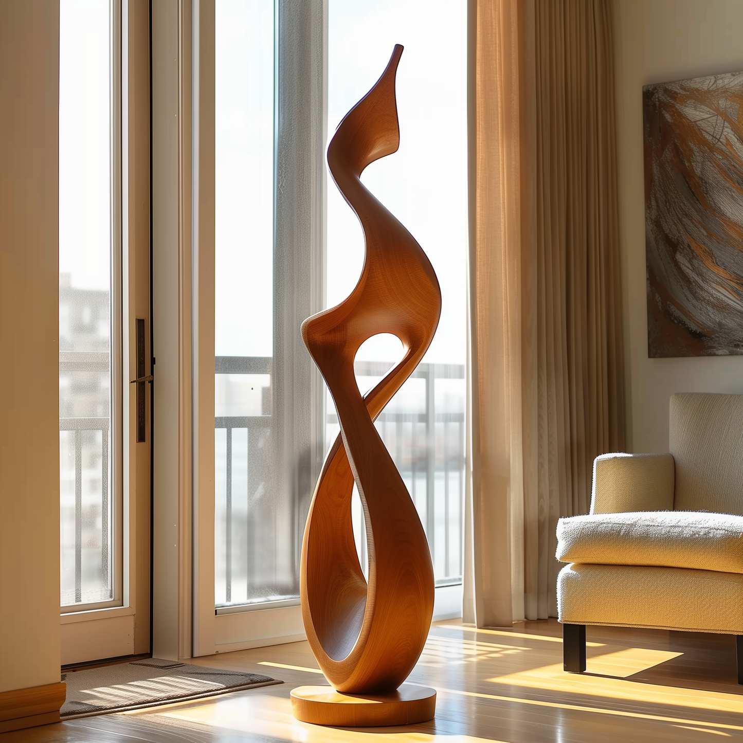 Hand Carved Tall Infinity Twist Wooden Sculpture, Abstract Flame Form Floor Art, Luxury Modern Organic Statement Decor for Living Room