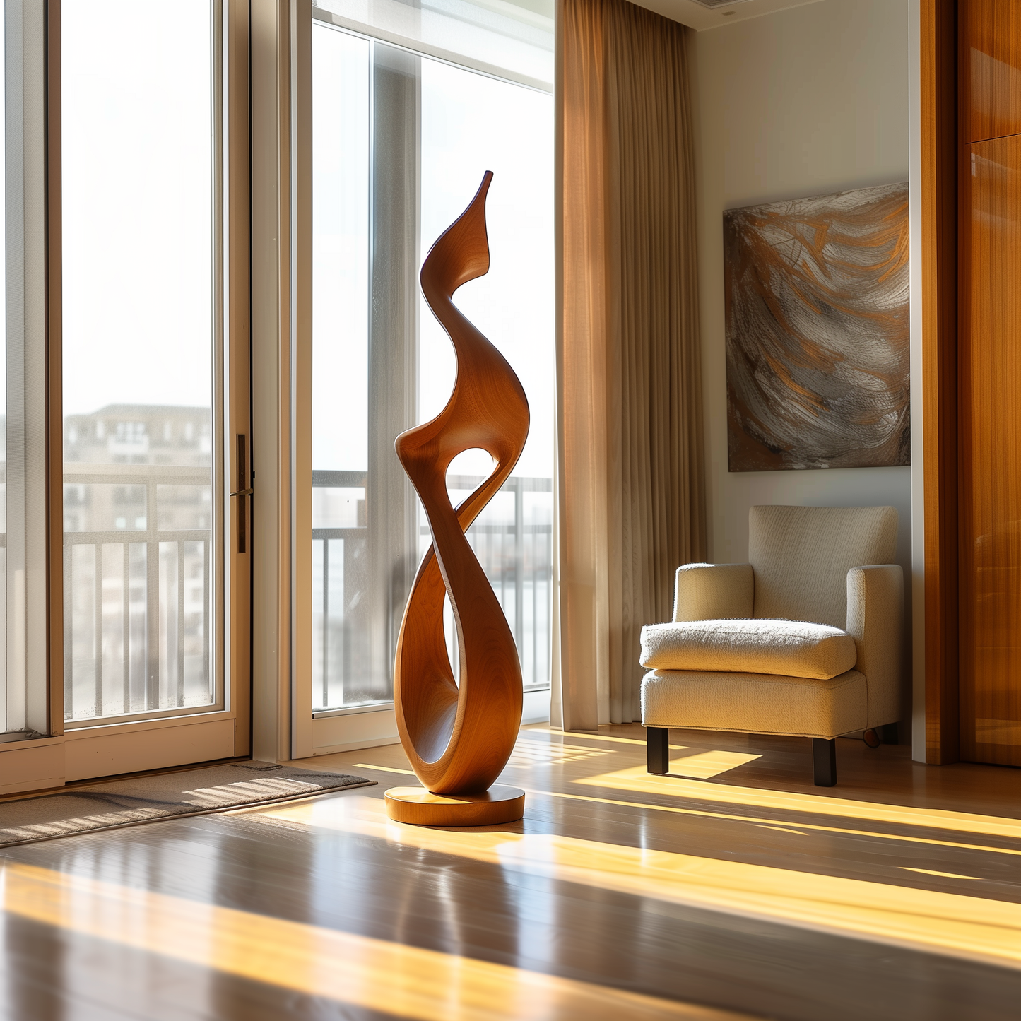 Hand Carved Tall Infinity Twist Wooden Sculpture, Abstract Flame Form Floor Art, Luxury Modern Organic Statement Decor for Living Room