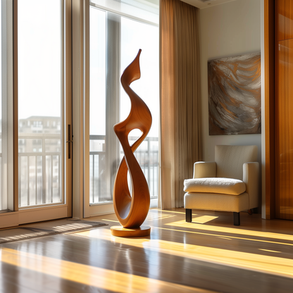 Hand Carved Tall Infinity Twist Wooden Sculpture, Abstract Flame Form Floor Art, Luxury Modern Organic Statement Decor for Living Room