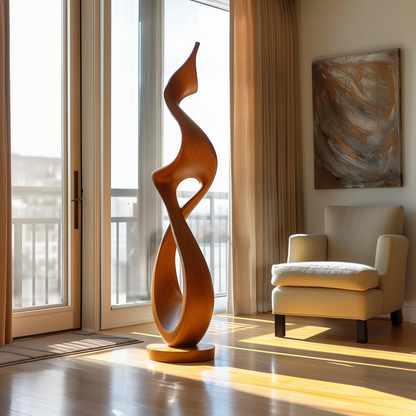 Hand Carved Tall Infinity Twist Wooden Sculpture, Abstract Flame Form Floor Art, Luxury Modern Organic Statement Decor for Living Room