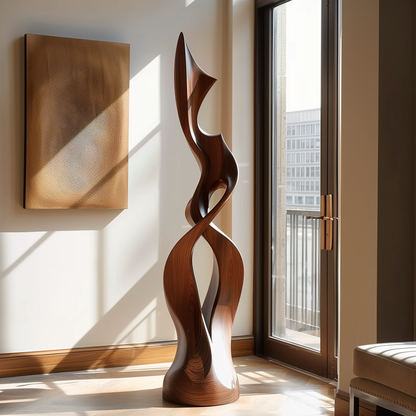 Hand Carved Wooden Infinity Flame Sculpture, Tall Twisting Abstract Floor Art, Modern Organic Statement Decor, Luxury Contemporary Home Accent