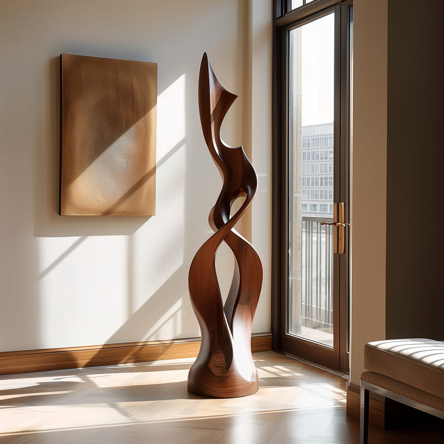 Hand Carved Wooden Infinity Flame Sculpture, Tall Twisting Abstract Floor Art, Modern Organic Statement Decor, Luxury Contemporary Home Accent