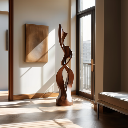 Hand Carved Wooden Infinity Flame Sculpture, Tall Twisting Abstract Floor Art, Modern Organic Statement Decor, Luxury Contemporary Home Accent