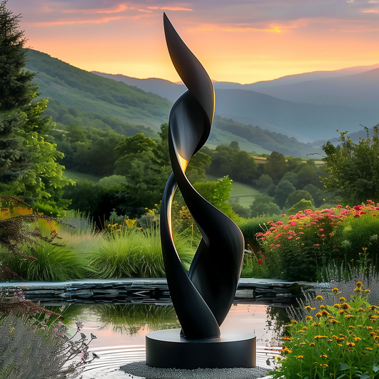 Tall Abstract Flame Sculpture Black | Modern Outdoor Garden Art | Flowing Spiral Form | Contemporary Large Statement Yard Decor