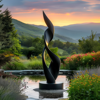 Tall Abstract Flame Sculpture Black | Modern Outdoor Garden Art | Flowing Spiral Form | Contemporary Large Statement Yard Decor