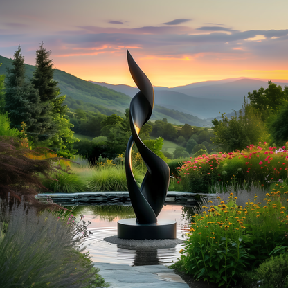 Tall Abstract Flame Sculpture Black | Modern Outdoor Garden Art | Flowing Spiral Form | Contemporary Large Statement Yard Decor