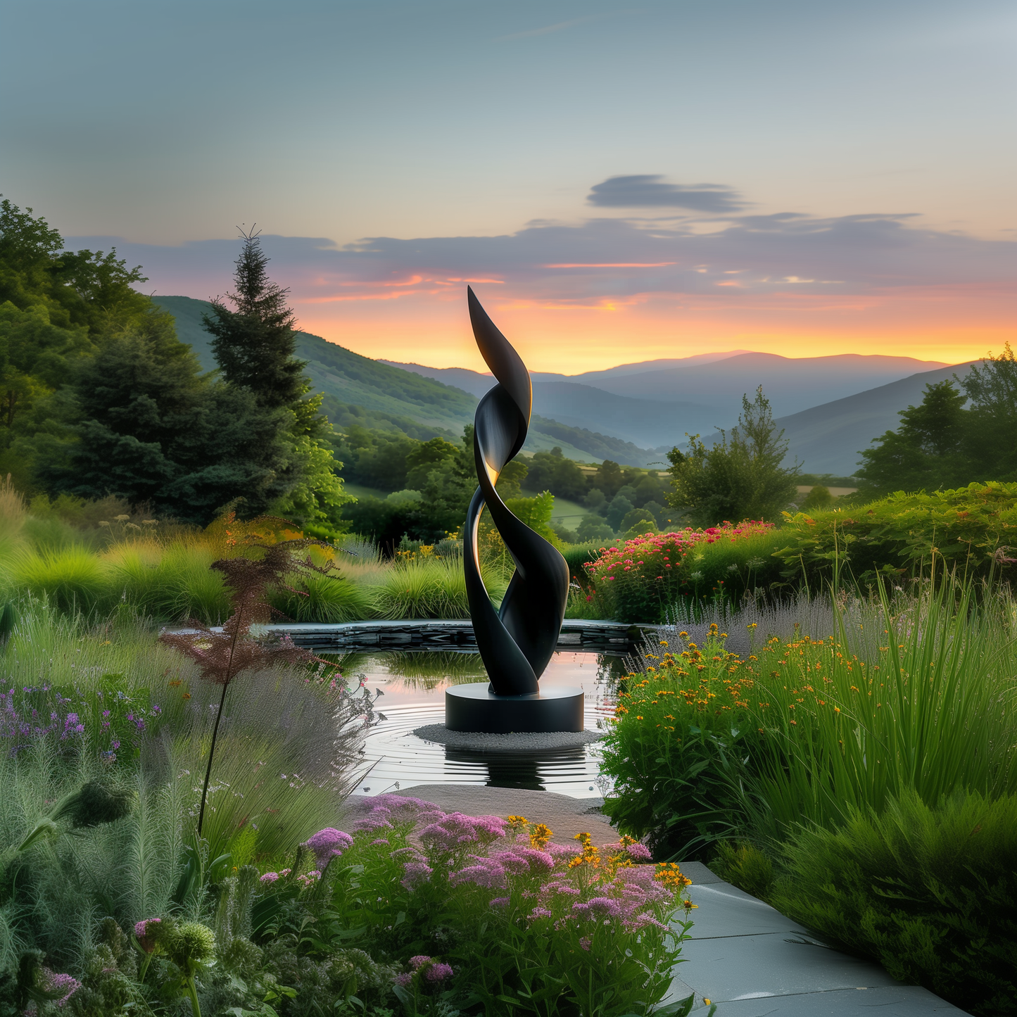 Tall Abstract Flame Sculpture Black | Modern Outdoor Garden Art | Flowing Spiral Form | Contemporary Large Statement Yard Decor