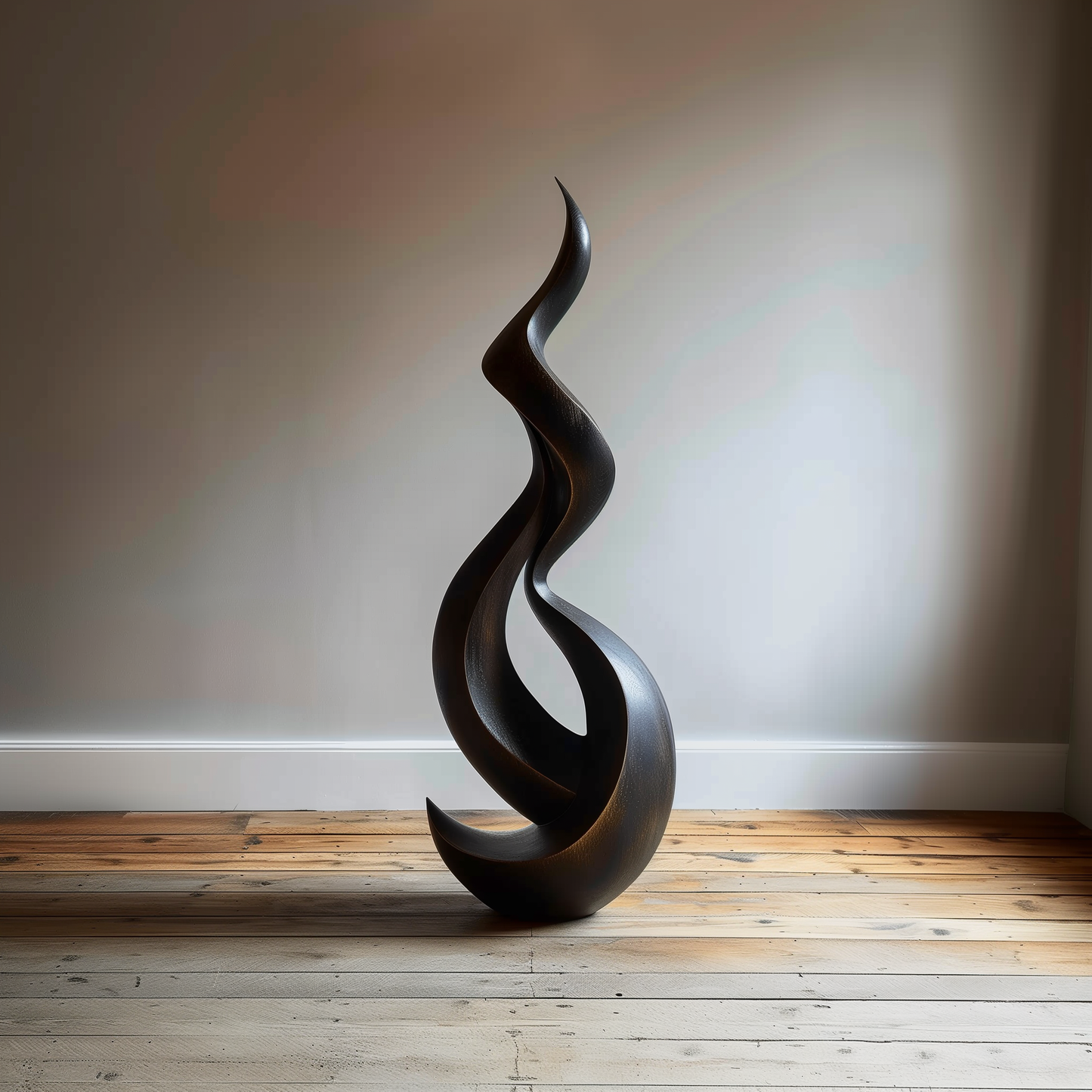 Tall Abstract Wooden Flame Sculpture, Hand-Carved Modern Infinity Twist Art, Luxury Minimal Statement Floor Decor