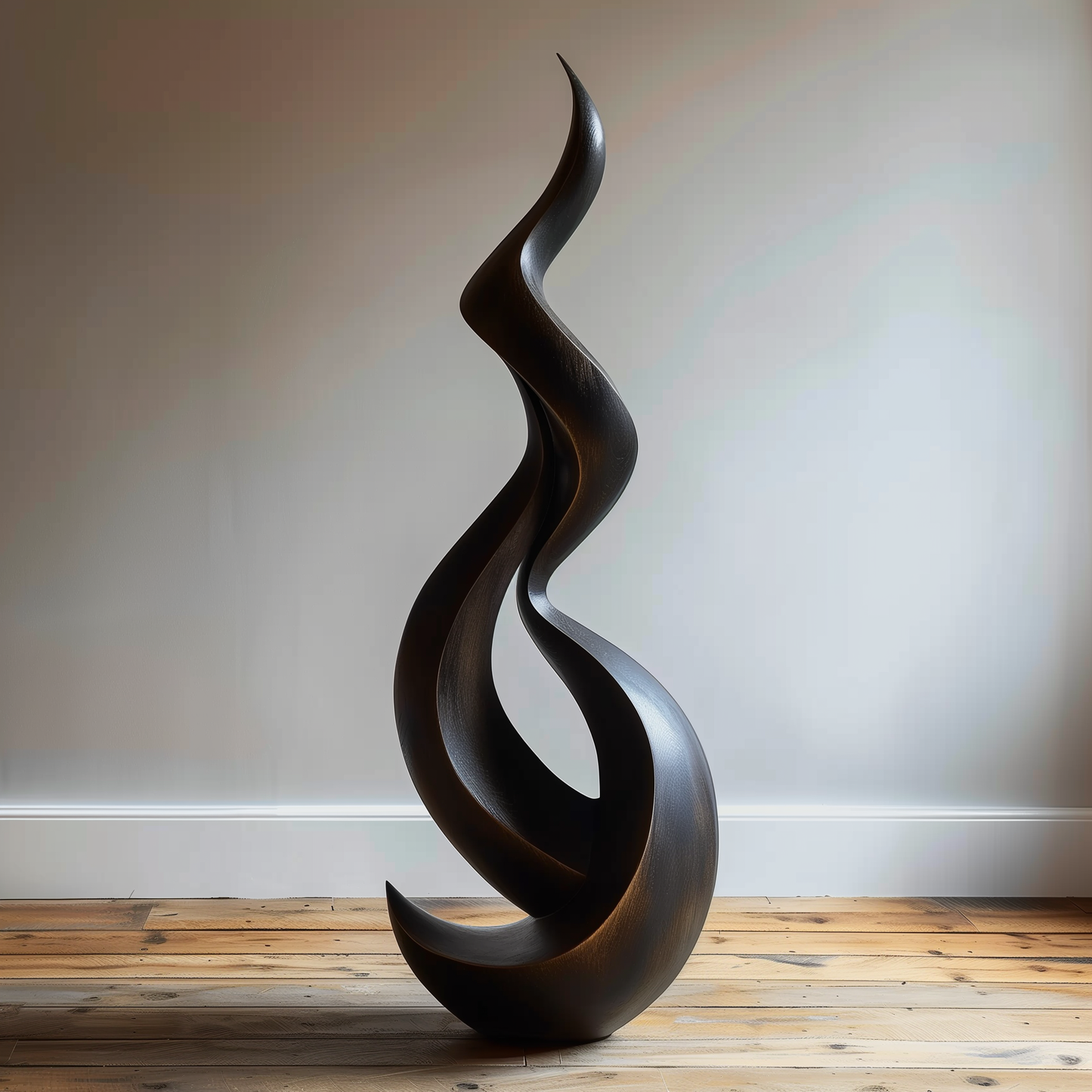 Tall Abstract Wooden Flame Sculpture, Hand-Carved Modern Infinity Twist Art, Luxury Minimal Statement Floor Decor