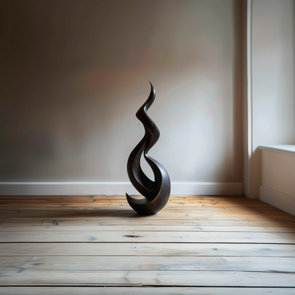 Tall Abstract Wooden Flame Sculpture, Hand-Carved Modern Infinity Twist Art, Luxury Minimal Statement Floor Decor