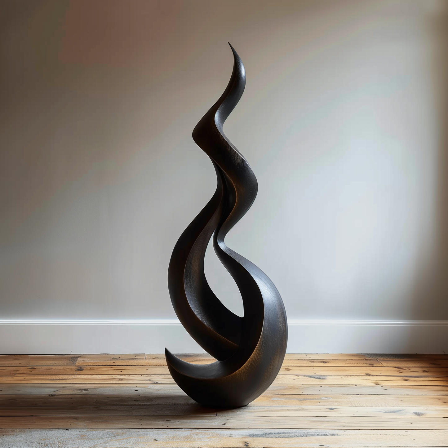 Tall Abstract Wooden Flame Sculpture, Hand-Carved Modern Infinity Twist Art, Luxury Minimal Statement Floor Decor