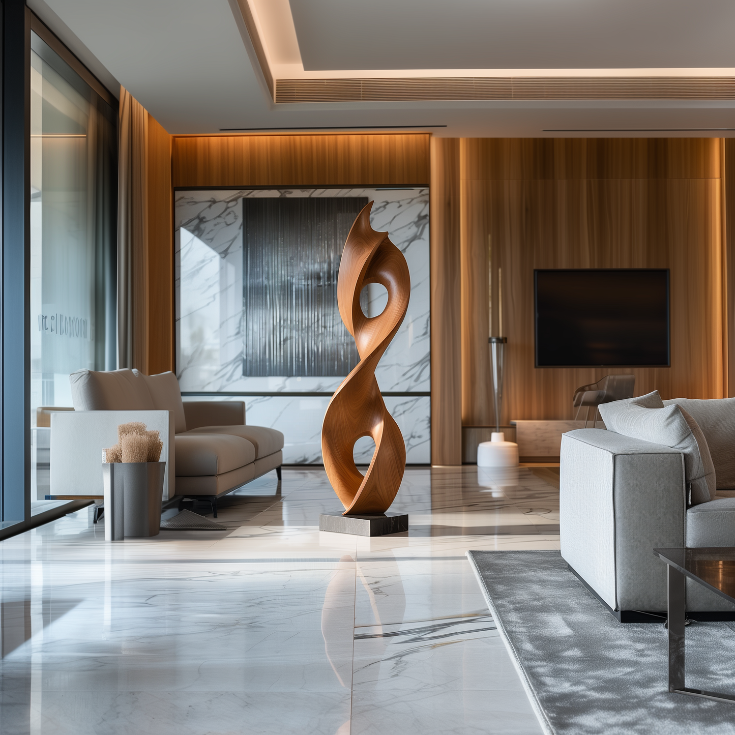 Hand Carved Wooden Infinity Flame Sculpture, Tall Abstract Loop with Dual Open Circles, Modern Organic Floor Art, Luxury Statement Decor