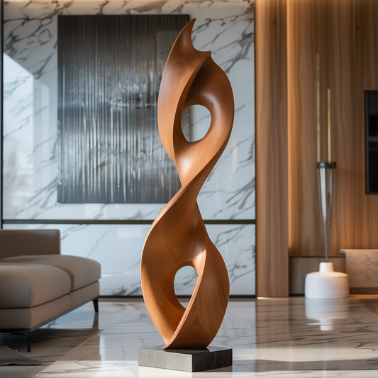 Hand Carved Wooden Infinity Flame Sculpture, Tall Abstract Loop with Dual Open Circles, Modern Organic Floor Art, Luxury Statement Decor