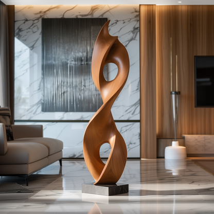 Hand Carved Wooden Infinity Flame Sculpture, Tall Abstract Loop with Dual Open Circles, Modern Organic Floor Art, Luxury Statement Decor