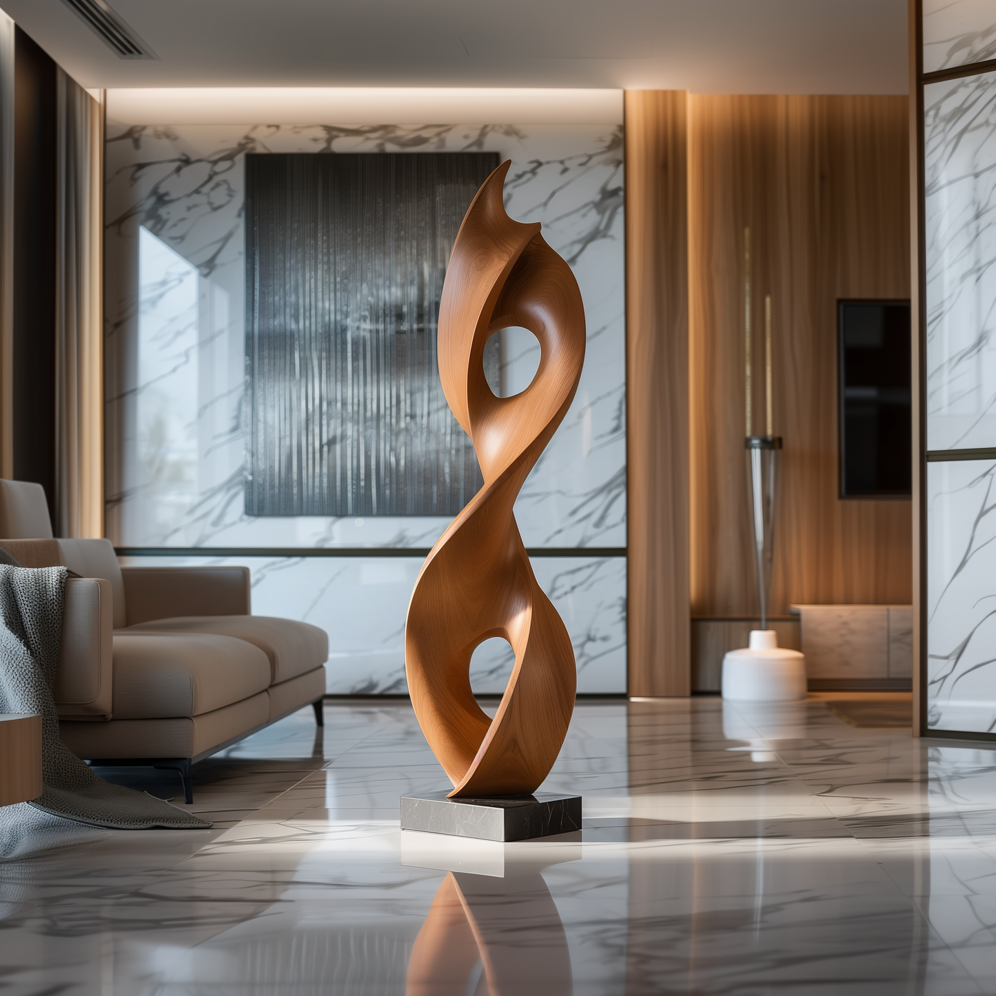 Hand Carved Wooden Infinity Flame Sculpture, Tall Abstract Loop with Dual Open Circles, Modern Organic Floor Art, Luxury Statement Decor