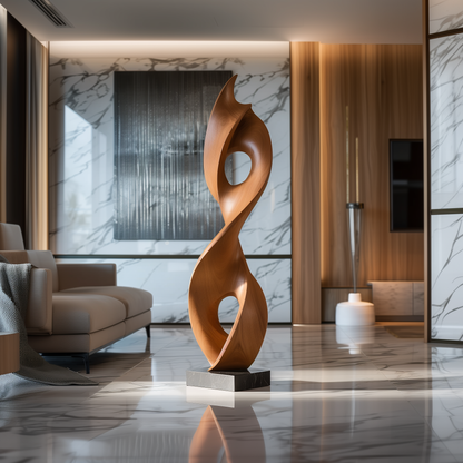 Hand Carved Wooden Infinity Flame Sculpture, Tall Abstract Loop with Dual Open Circles, Modern Organic Floor Art, Luxury Statement Decor