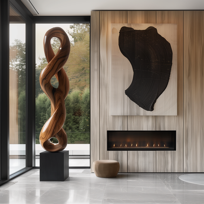 Large Abstract Wooden Infinity Sculpture, Hand Carved Twisting Loop Form, Modern Organic Floor Art, Luxury Natural Wood Decor Statement
