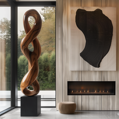 Large Abstract Wooden Infinity Sculpture, Hand Carved Twisting Loop Form, Modern Organic Floor Art, Luxury Natural Wood Decor Statement