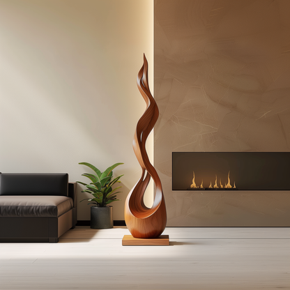 Hand Carved Wooden Flame Sculpture, Tall Infinity Twist Floor Art, Abstract Modern Organic Wood Decor, Luxury Statement Entryway Piece