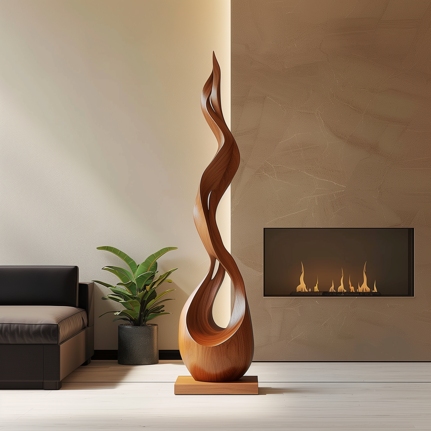 Hand Carved Wooden Flame Sculpture, Tall Infinity Twist Floor Art, Abstract Modern Organic Wood Decor, Luxury Statement Entryway Piece