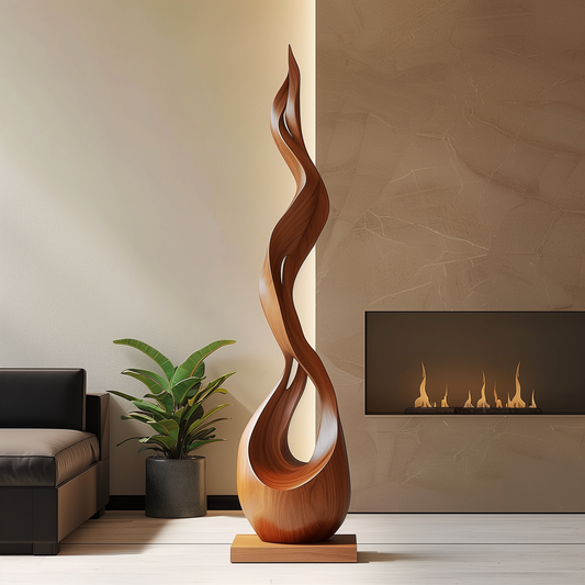 Hand Carved Wooden Flame Sculpture, Tall Infinity Twist Floor Art, Abstract Modern Organic Wood Decor, Luxury Statement Entryway Piece