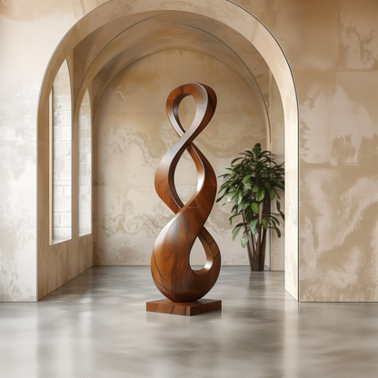 Tall Double Infinity Wooden Sculpture Hand Carved Solid Wood Abstract Twist Modern Luxury Home Decor