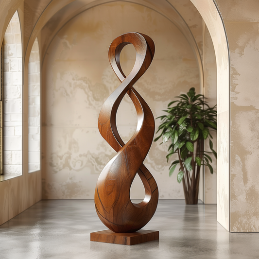 Tall Double Infinity Wooden Sculpture Hand Carved Solid Wood Abstract Twist Modern Luxury Home Decor