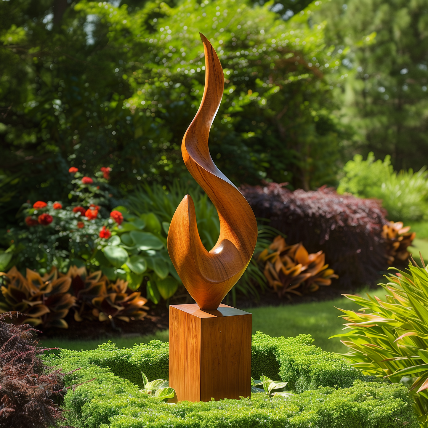 Tall Hand-Carved Wooden Flame Sculpture, Abstract Infinity Twist Art, Luxury Modern Garden Statement Decor, Outdoor Yard Sculpture