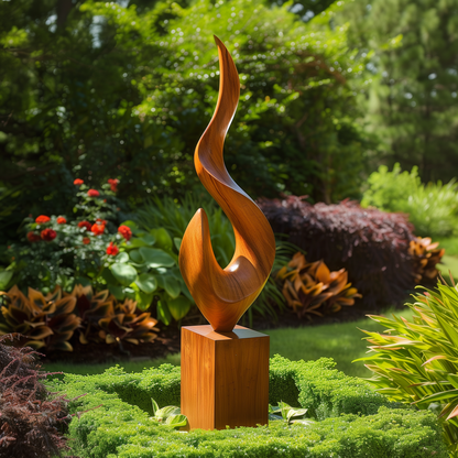 Tall Hand-Carved Wooden Flame Sculpture, Abstract Infinity Twist Art, Luxury Modern Garden Statement Decor, Outdoor Yard Sculpture