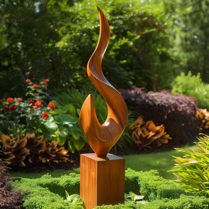 Tall Hand-Carved Wooden Flame Sculpture, Abstract Infinity Twist Art, Luxury Modern Garden Statement Decor, Outdoor Yard Sculpture