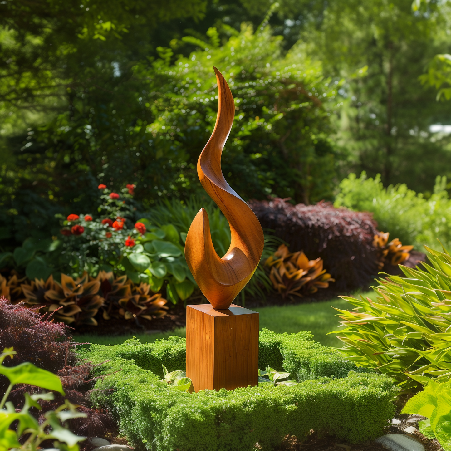 Tall Hand-Carved Wooden Flame Sculpture, Abstract Infinity Twist Art, Luxury Modern Garden Statement Decor, Outdoor Yard Sculpture