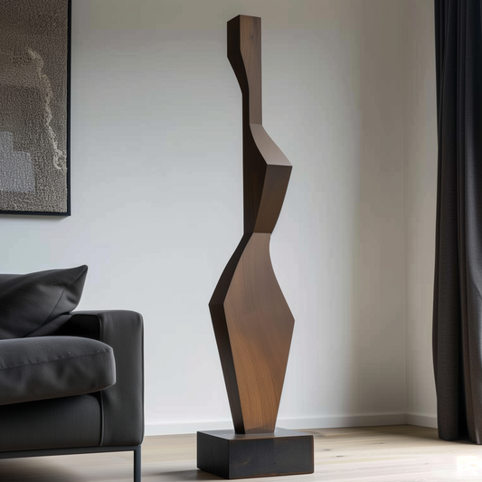 Tall Geometric Wooden Sculpture Hand Carved Solid Wood Abstract Modern Minimalist Luxury Home Decor