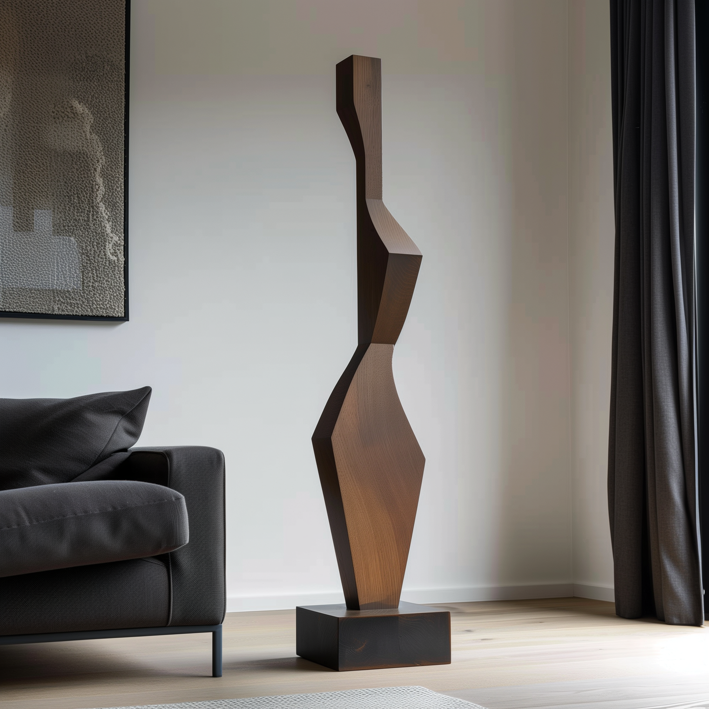 Tall Geometric Wooden Sculpture Hand Carved Solid Wood Abstract Modern Minimalist Luxury Home Decor
