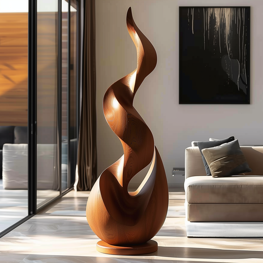 Tall Hand-Carved Wooden Flame Twist Sculpture, Abstract Organic Infinity Modern Art, Luxury Statement Floor Decor for Interiors