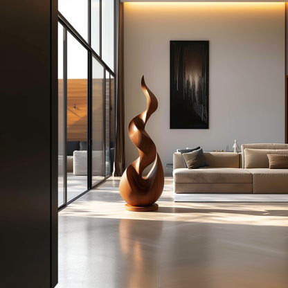 Tall Hand-Carved Wooden Flame Twist Sculpture, Abstract Organic Infinity Modern Art, Luxury Statement Floor Decor for Interiors