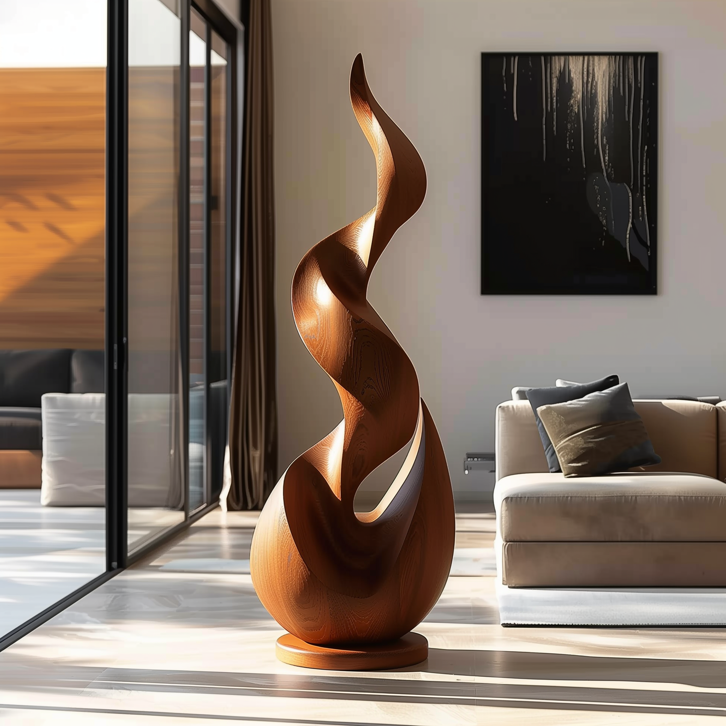 Tall Hand-Carved Wooden Flame Twist Sculpture, Abstract Organic Infinity Modern Art, Luxury Statement Floor Decor for Interiors