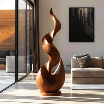 Tall Hand-Carved Wooden Flame Twist Sculpture, Abstract Organic Infinity Modern Art, Luxury Statement Floor Decor for Interiors