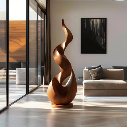 Tall Hand-Carved Wooden Flame Twist Sculpture, Abstract Organic Infinity Modern Art, Luxury Statement Floor Decor for Interiors