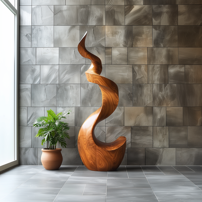 Tall Abstract Wooden Sculpture, Hand Carved Modern Spiral Flame Art, Large Statement Floor Decor, Organic Luxury Wood Artwork for Living Room