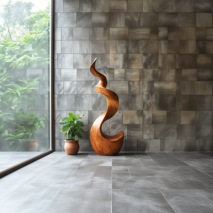 Tall Abstract Wooden Sculpture, Hand Carved Modern Spiral Flame Art, Large Statement Floor Decor, Organic Luxury Wood Artwork for Living Room