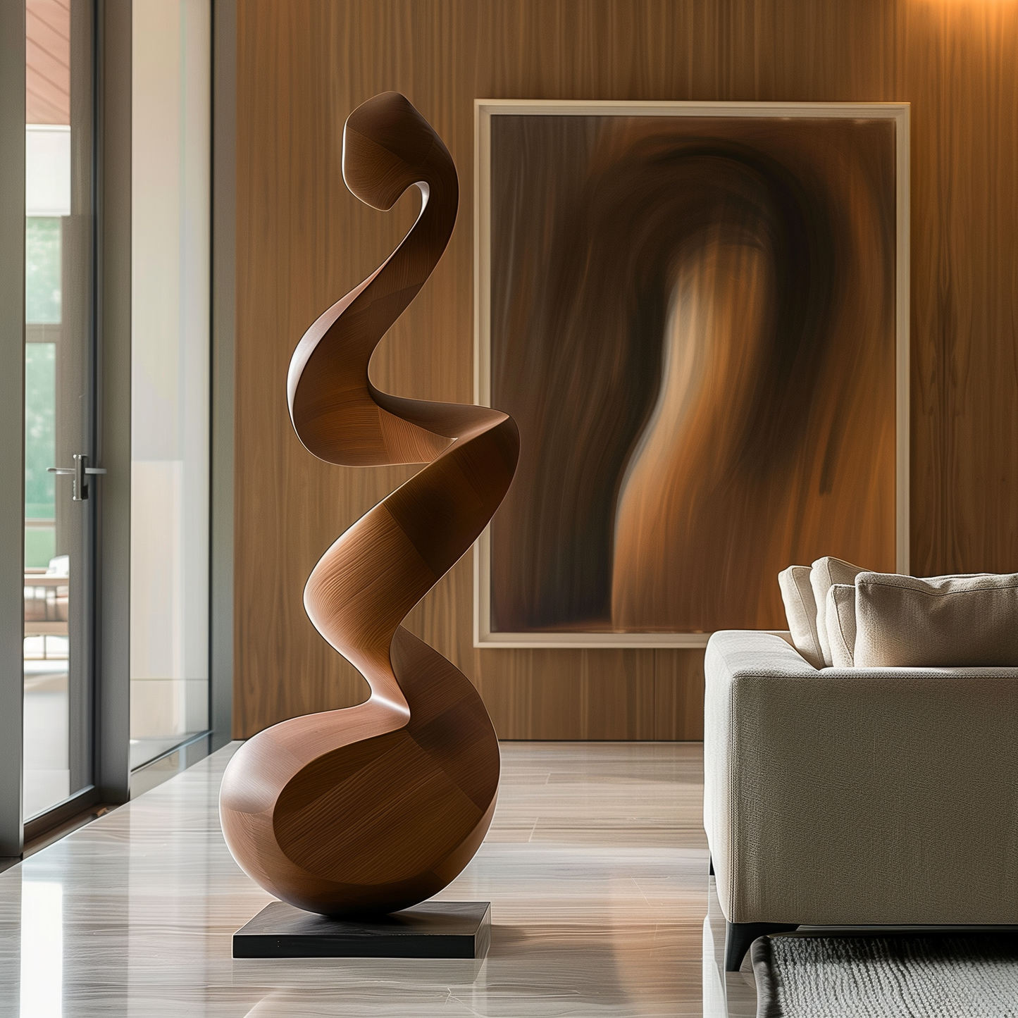 Tall Twisting Wooden Sculpture, Hand Carved Organic Spiral Form, Modern Floor Art, Luxury Abstract Wood Decor for Living Room