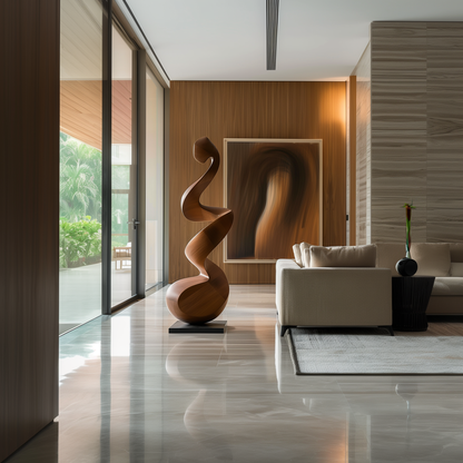 Tall Twisting Wooden Sculpture, Hand Carved Organic Spiral Form, Modern Floor Art, Luxury Abstract Wood Decor for Living Room