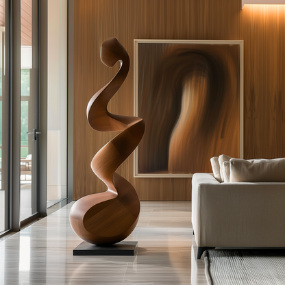 Tall Twisting Wooden Sculpture, Hand Carved Organic Spiral Form, Modern Floor Art, Luxury Abstract Wood Decor for Living Room