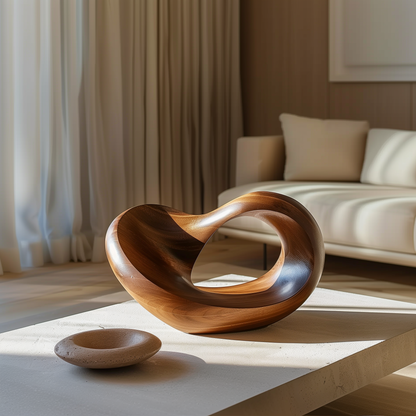 Abstract Wooden Infinity Sculpture, Hand Carved Mobius Loop Art, Solid Wood Modern Decor, Organic Flow Table Sculpture