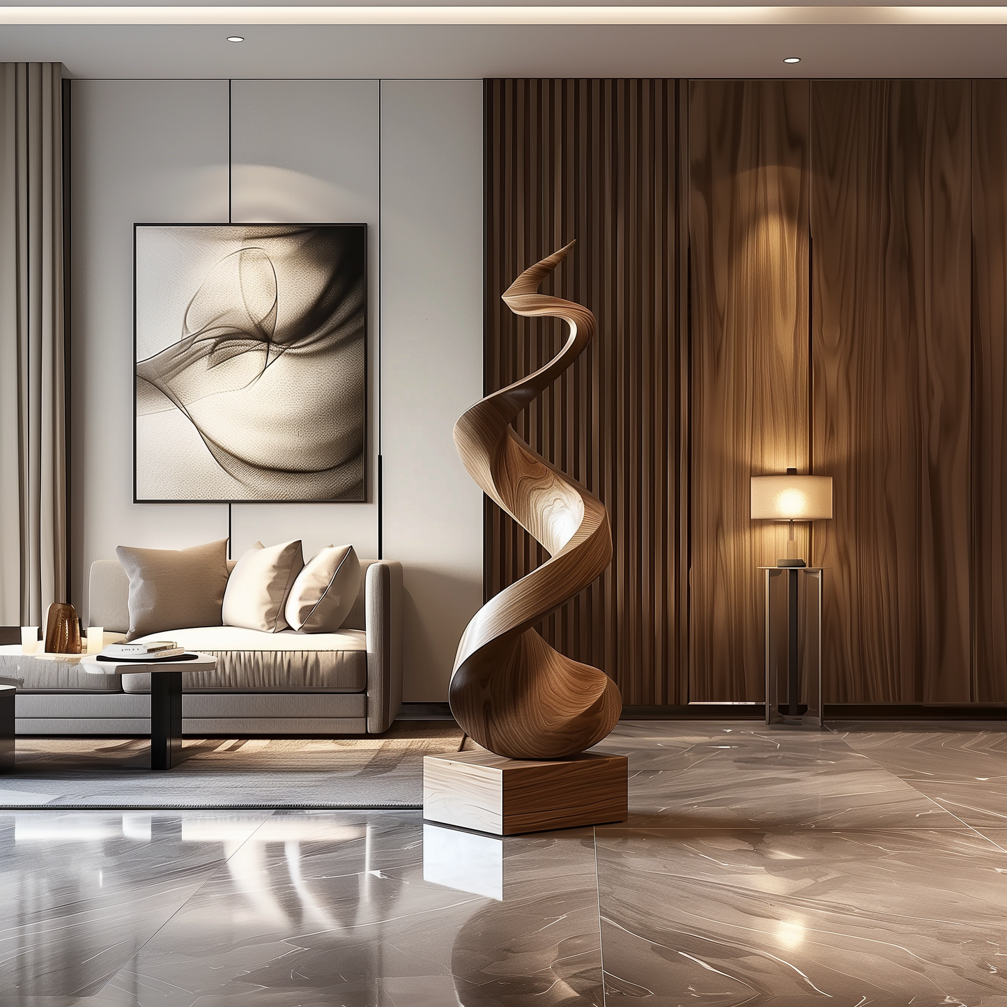 Tall Wooden Flame Spiral Sculpture Hand Carved Solid Wood Abstract Twist Modern Luxury Living Room Decor
