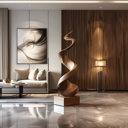 Tall Wooden Flame Spiral Sculpture Hand Carved Solid Wood Abstract Twist Modern Luxury Living Room Decor