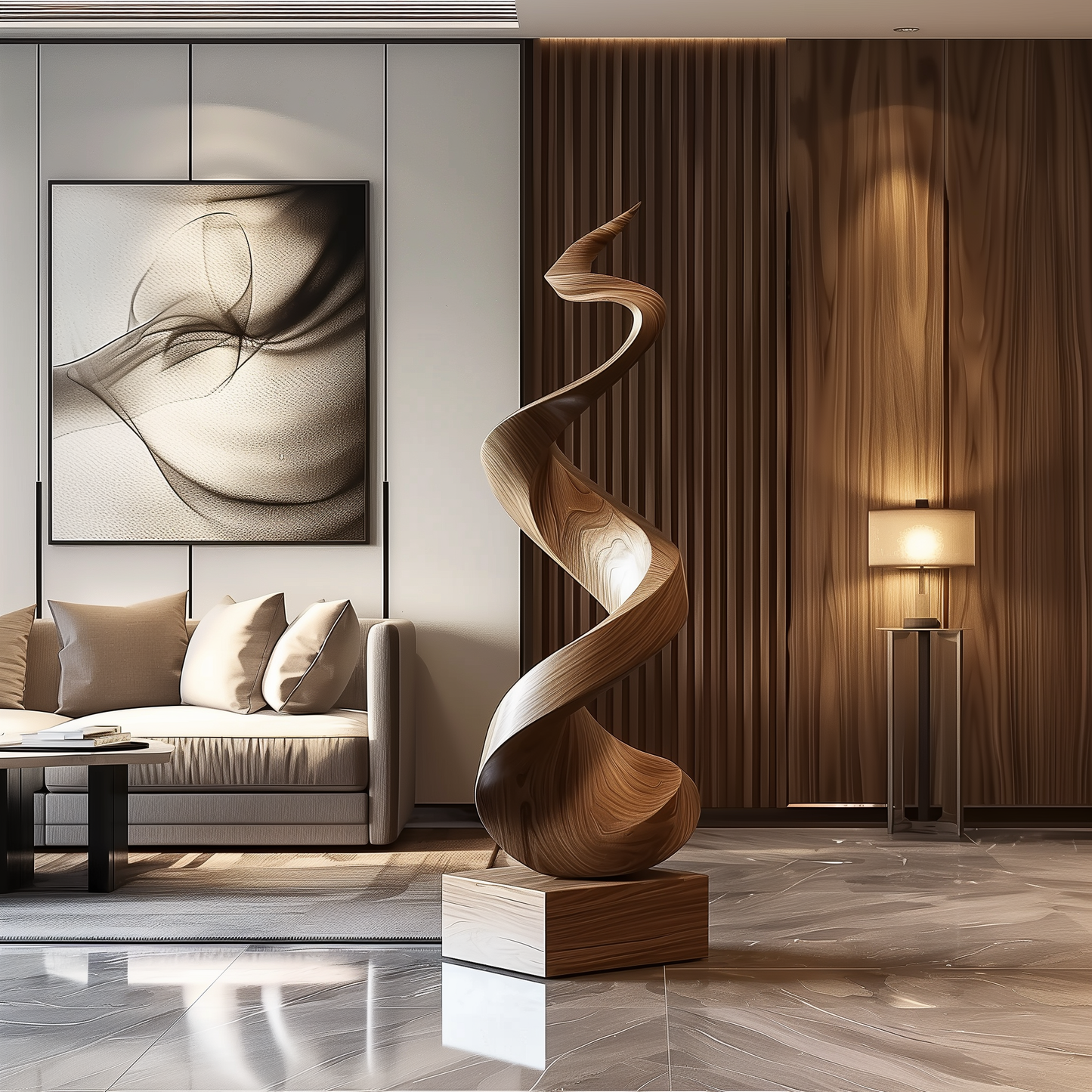 Tall Wooden Flame Spiral Sculpture Hand Carved Solid Wood Abstract Twist Modern Luxury Living Room Decor