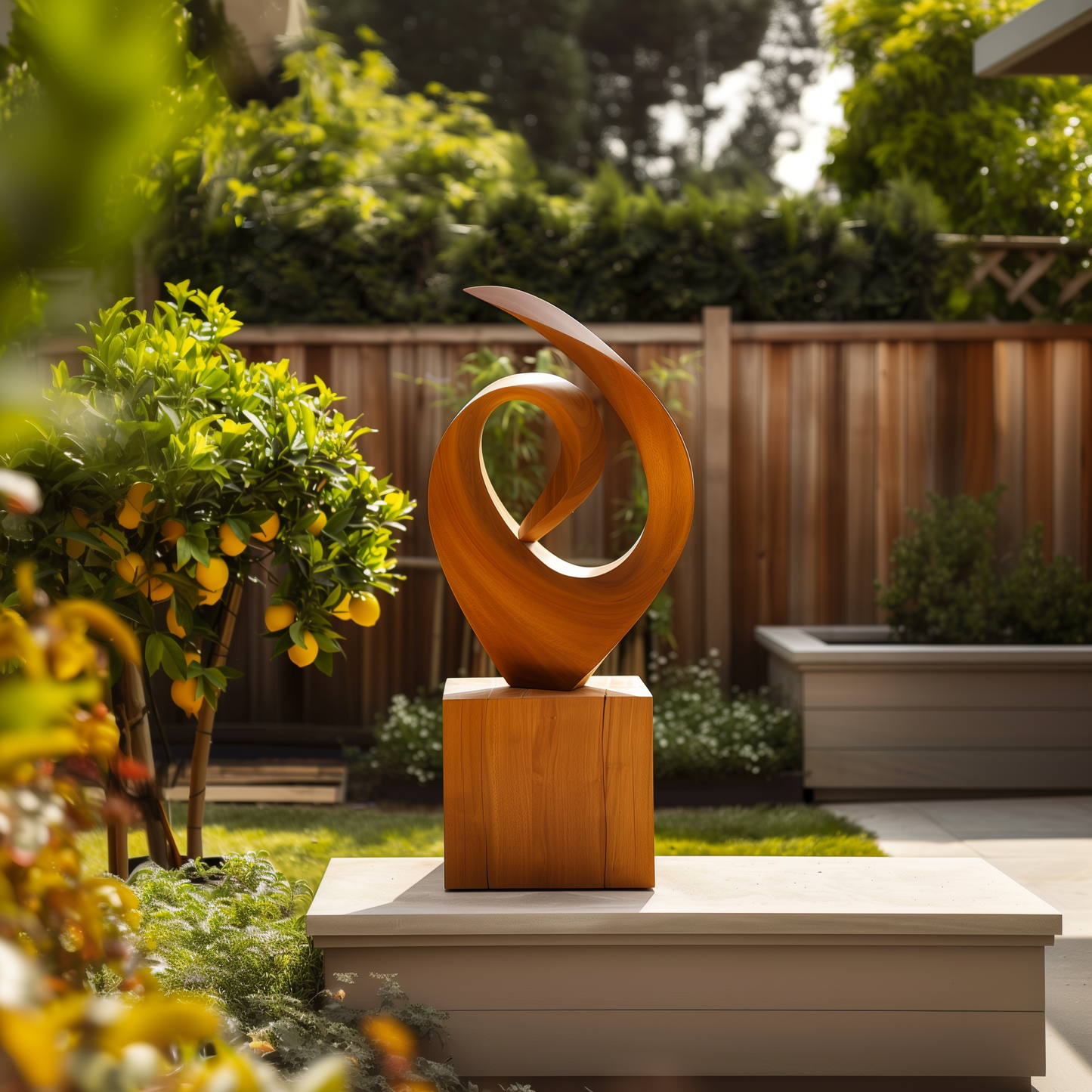 Hand Carved Wooden Infinity Loop Sculpture, Abstract Spiral Flame Form, Large Outdoor Garden Statement Art, Modern Luxury Decor Gift