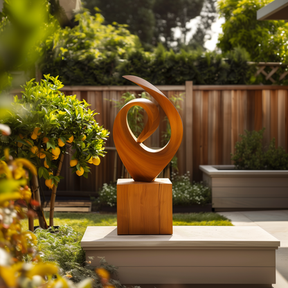 Hand Carved Wooden Infinity Loop Sculpture, Abstract Spiral Flame Form, Large Outdoor Garden Statement Art, Modern Luxury Decor Gift